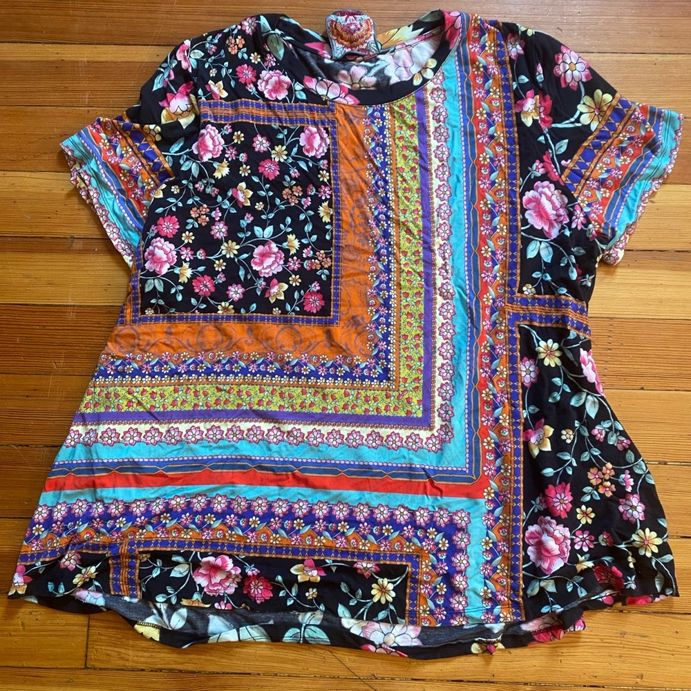 Johnny Was Floral Patchwork Short Sleeve Top 1X